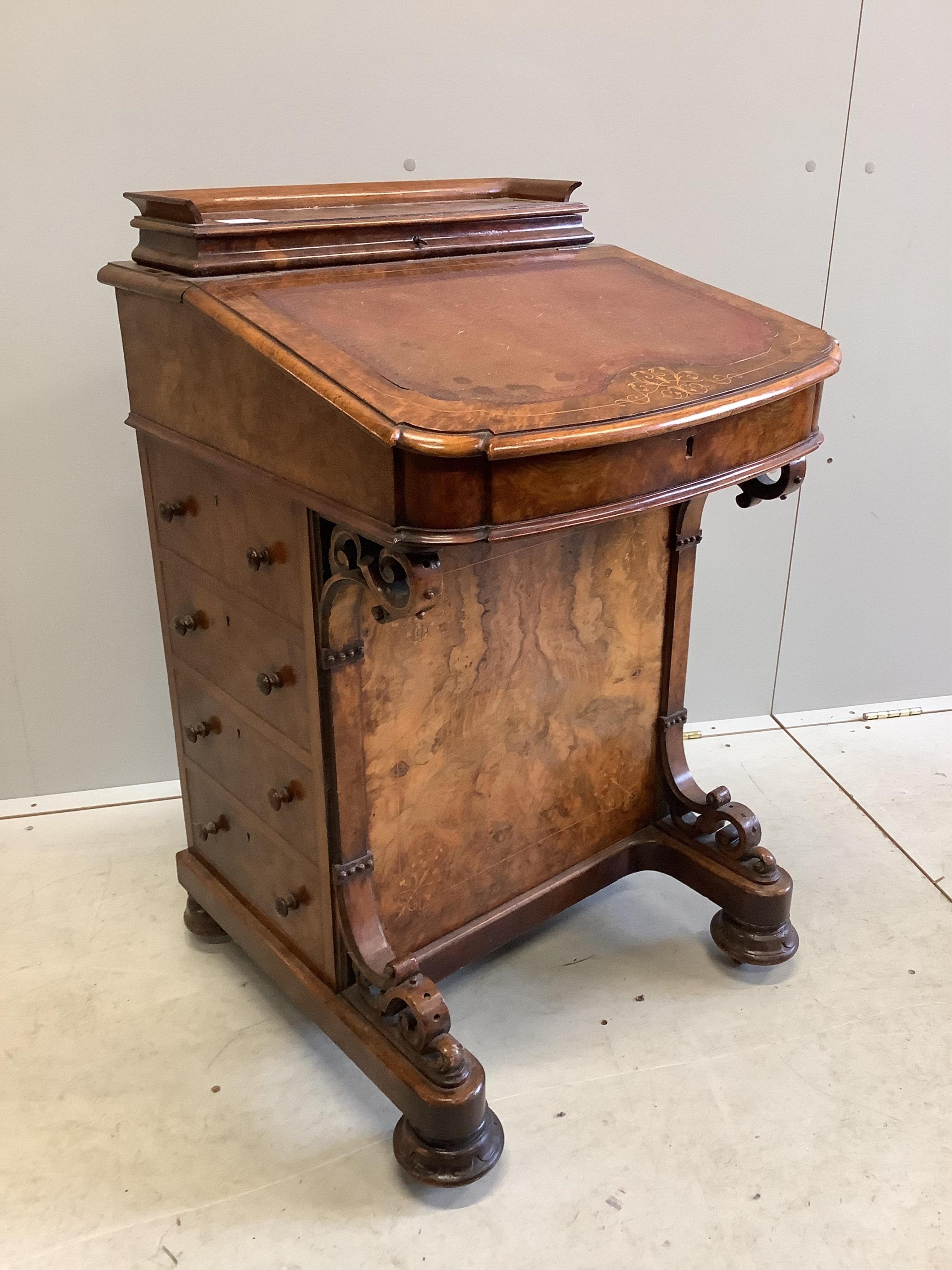 A Victorian inlaid burr walnut Davenport, width 56cm, depth 54cm, height 90cm. Condition - fair to good